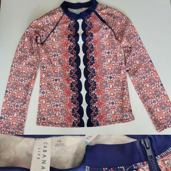 14 CABANA LIFE CORAL PINK NAVY BLUE LONG SLEEVE SWIM TOP RASHGUARD RASH GUARD XL - Picture 1 of 8